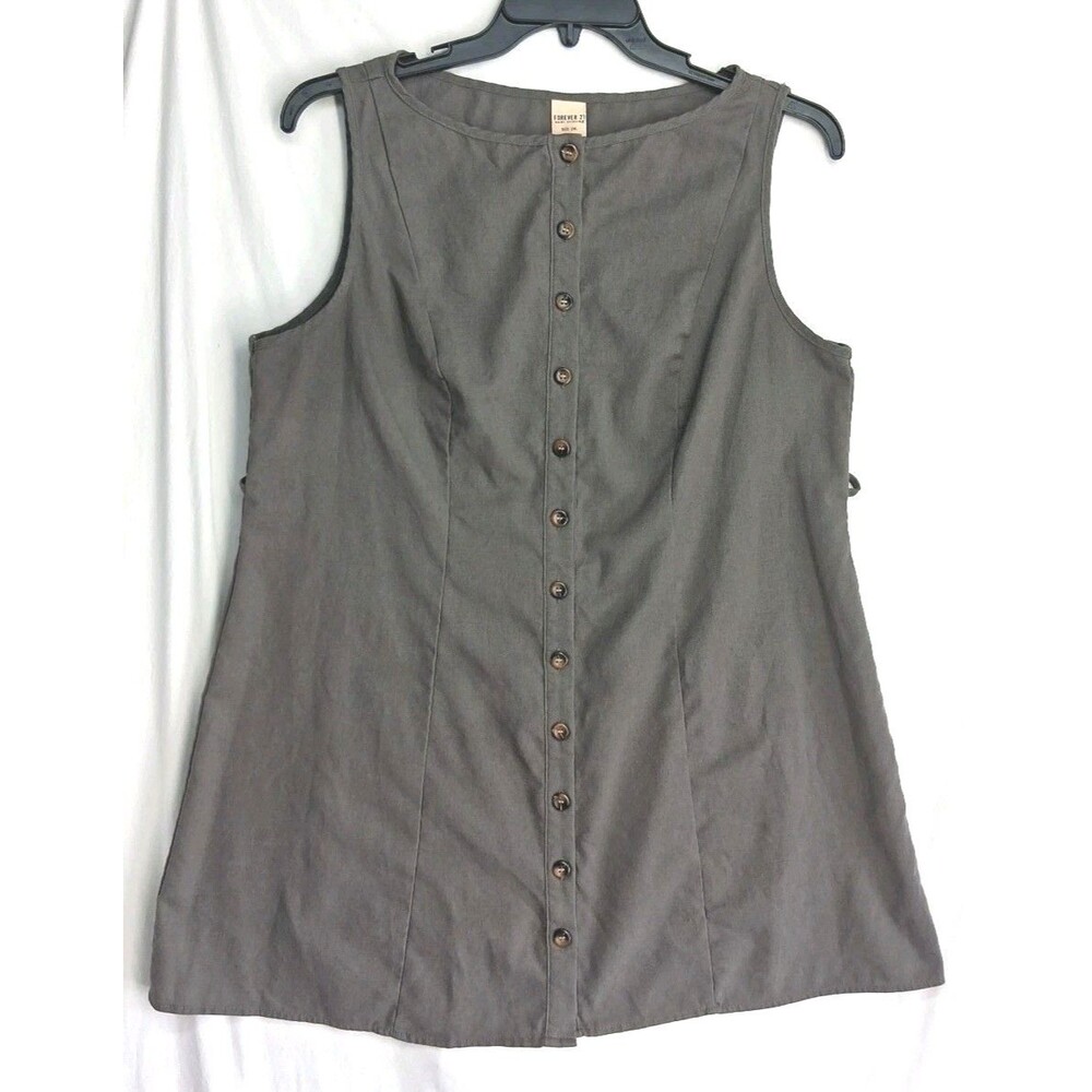 Forever 21 Women Med Brown Linen Blend Mini Dress Summer Beachy Button Front